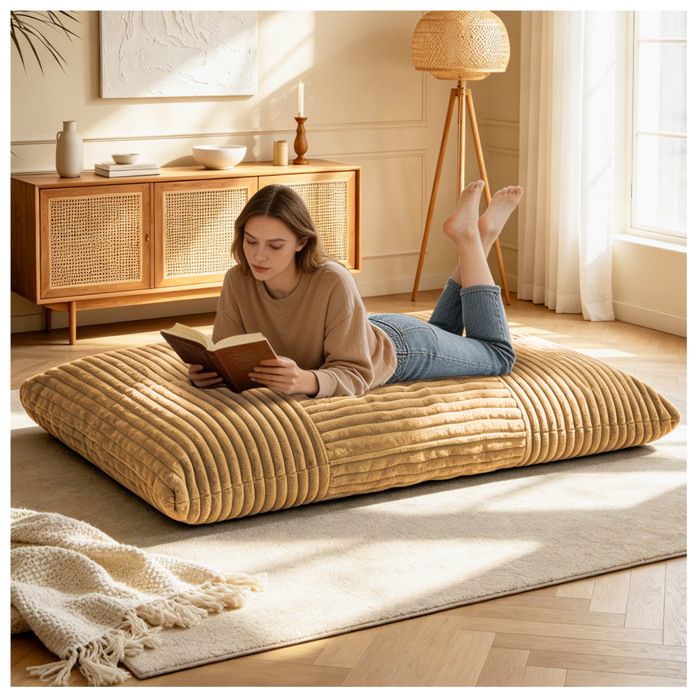 WOVREO Pouf géant convertible 3 en 1 180 x 125 cm fauteuil canapé lit velours côtelé jaune