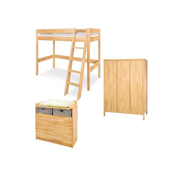 Chambre à coucher complète - PINOLINO - Large - Lit mezzanine hêtre massif - Convertible adolescent - Armoire 3 portes Chambre à coucher complète - PINOLINO - Large - Lit mezzanine hêtre massif - Convertible adolescent - Armoire 3 portes