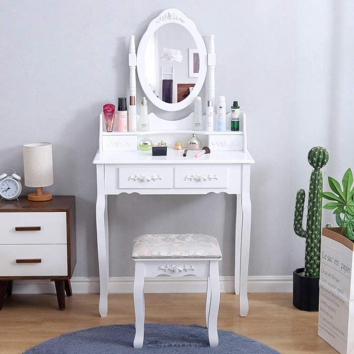 coiffeuse ingma contemporain avec tabouret et miroir - 4 tiroirs - blanc