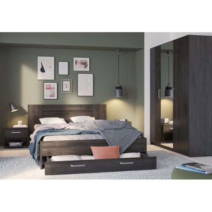 Chambre complète 160x200 Chêne brun n°3 - EDWARD - Marron - Bois - Cadre de lit : L 180 x l 205 x H 79 cm - Armoire : L 133 x l 51