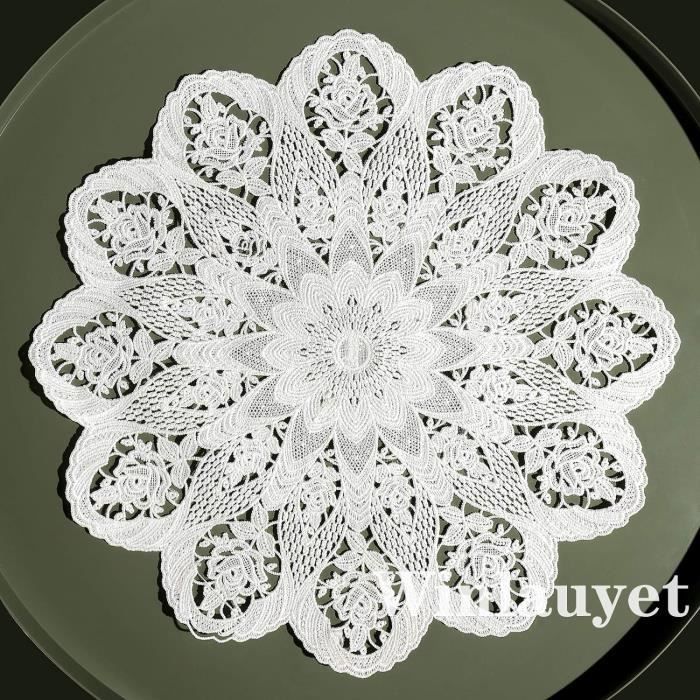 Nappe à Thé Brodée Sur Satin Damassé - 90x90 Cm, Polyester Blanc, France