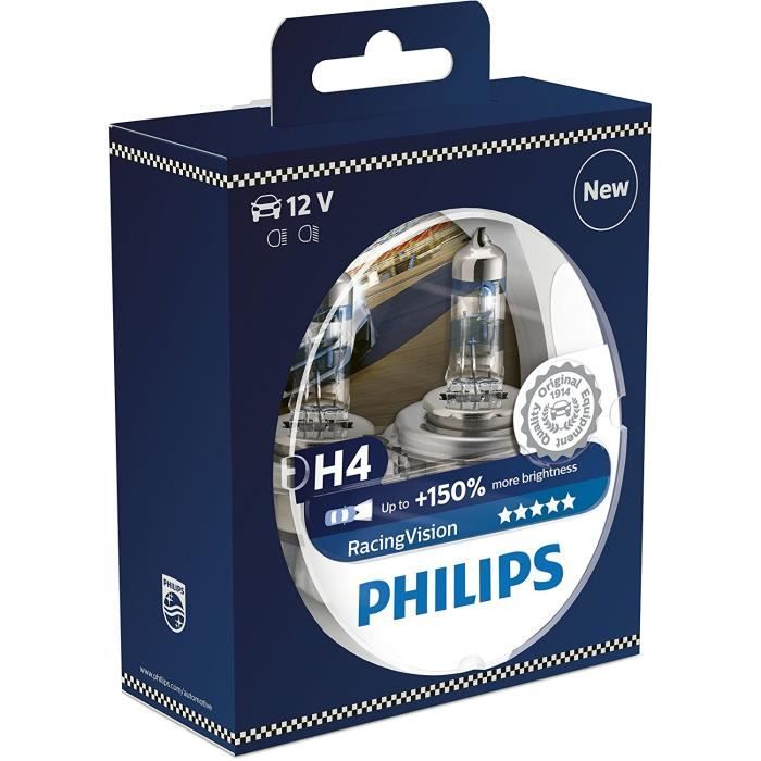 Philips RacingVision + 150% Ampoule Phare H4 12342RVS2, Bleu, Set