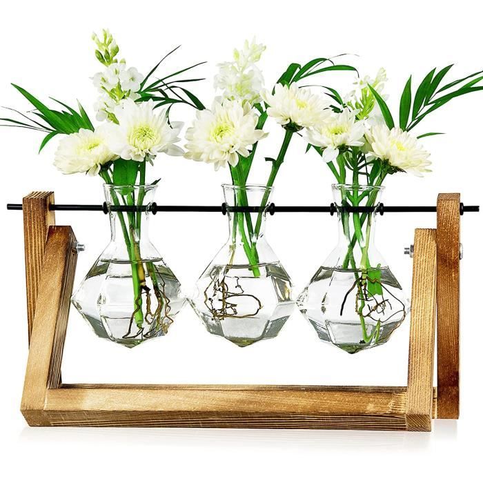 3 vases à fleurs diamant LESES Vase en verre diamant avec support à bascule en bois et tige rotative en métal stations de multiplication pour plantes hydroponiques