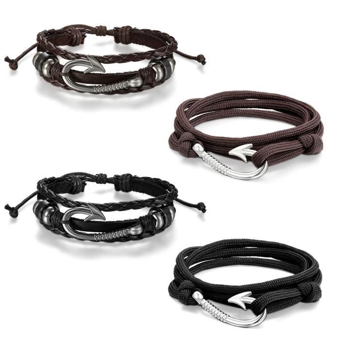 Cupimatch Bracelet en cuir avec t/ête de loup Noir