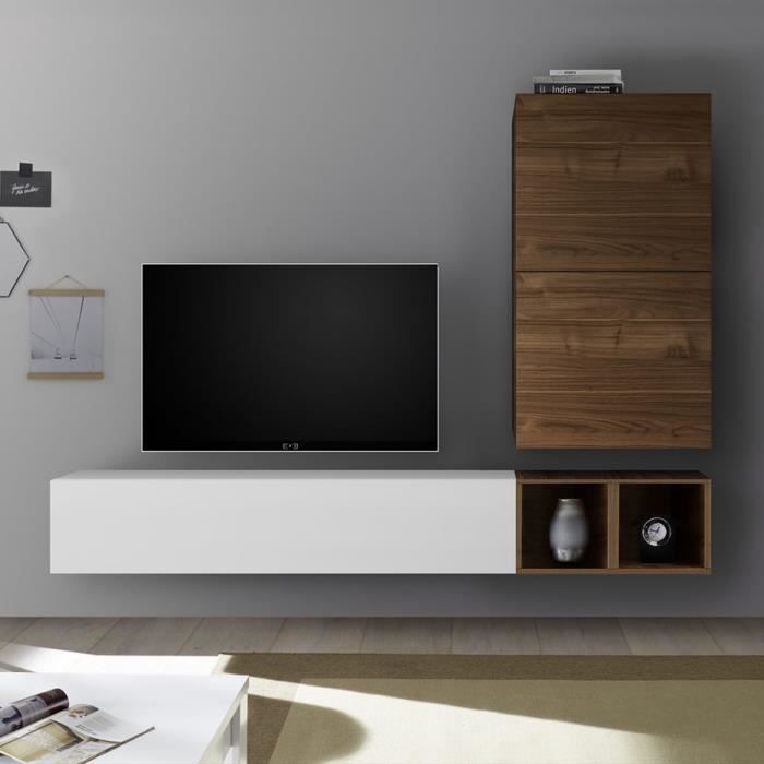 Ensemble Meuble Tv Blanc Laque Et Couleur Noyer Soleto Marron L 190 X P 30 X H 170 Achat Vente Meuble Tv Ensemble Meuble Tv Blanc Bientot Le Black Friday Cdiscount