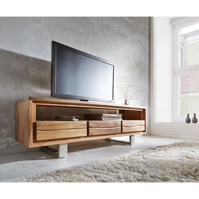 meuble tv live-edge acacia nature 146 cm - delife - 3 tiroirs - bordure d'arbre - cadre en acier inoxydable