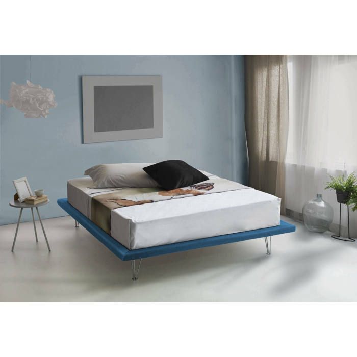 Dmora - Lit double Linda 215x180h32 cm Bleu Panneau effet bois et Polyester