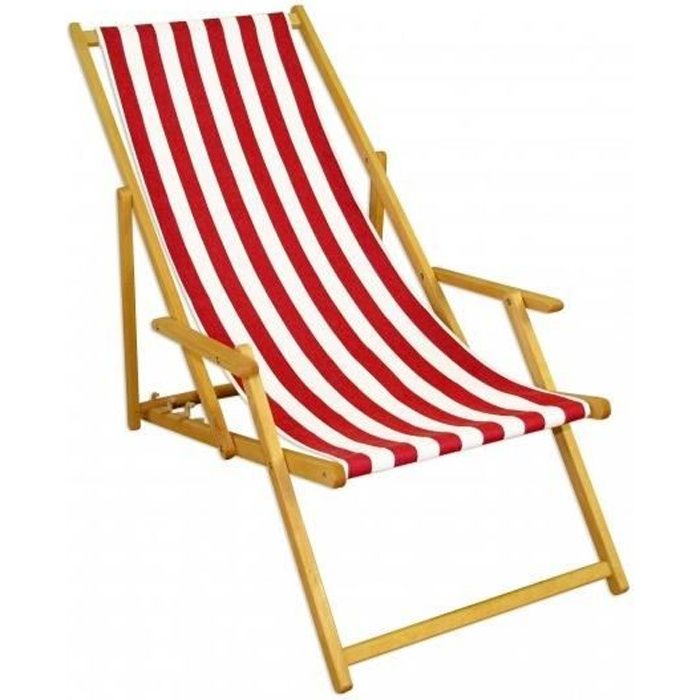 Chaise longue rayures rouge et blanc chilienne bain de soleil pliant en bois naturel 10-314N