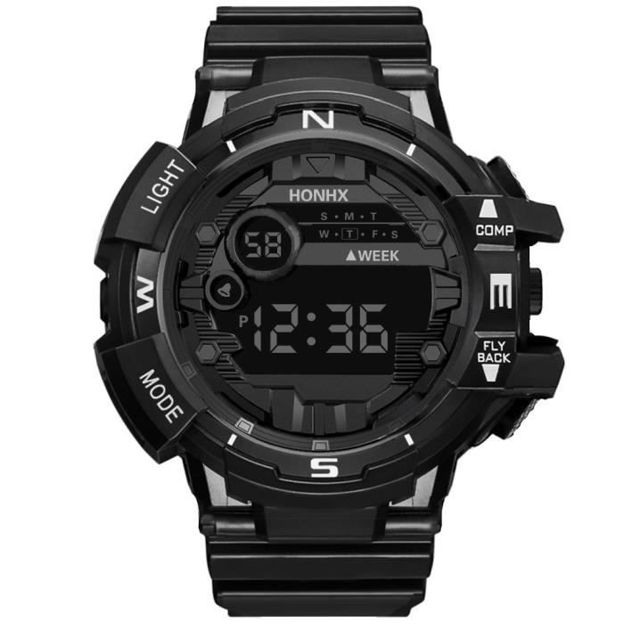 Montre Sport étanche Pour Homme - Multifonction Numérique LED - Boîtier 55mm Résine - Bracelet Silicone Noir - Résistance 50m