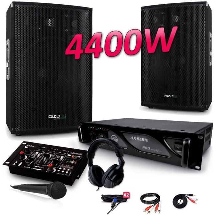 PACK SONO 4400W DJ PA Set BAR CLUB DISCO15B + Ampli AX2000 MyDj + Table de Mixage USB MP3 + Micro Casque Câbles