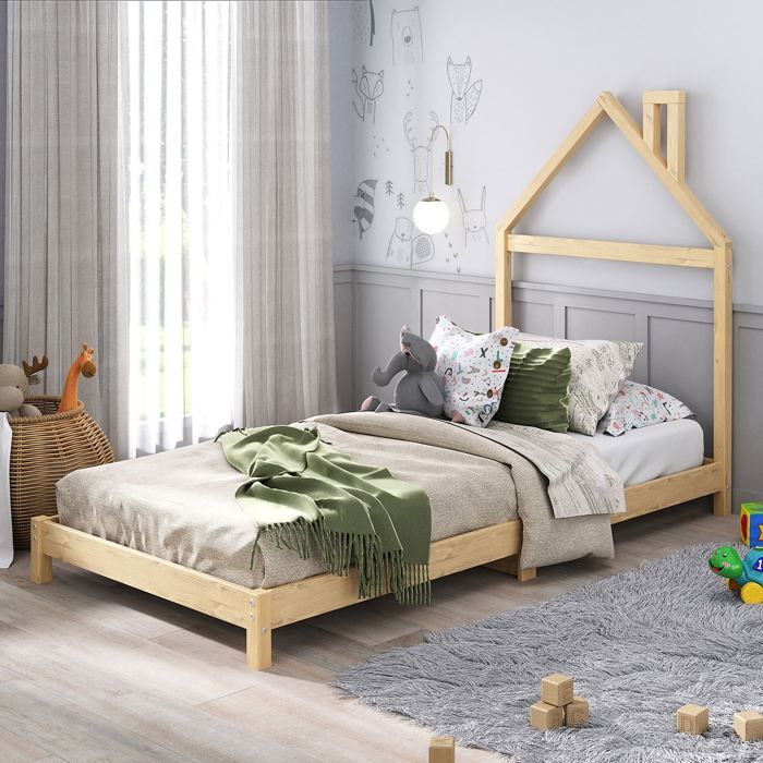 Lit enfant LIZ tête de lit en forme de maison Lit au sol Montessori Pour couchage 90 x 200 cm bois de pin massif Coloris naturel
