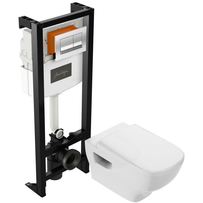 JACOB DELAFON Pack WC Suspendu sans bride Struktura E29394-00 avec cuvette, fermeture progressive, bâti autoportant et plaque Chrome