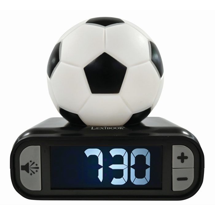 LEXIBOOK - Réveil veilleuse Football - Sons et mélodies écran LCD rétro-éclairé et lumineux - Blanc Noir