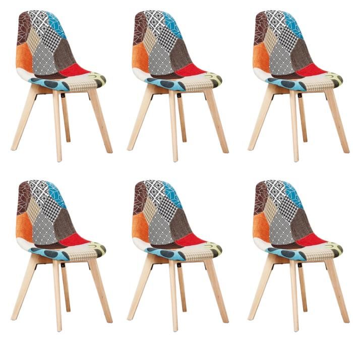 Lot de 6 chaises de salle à manger en tissu patchwork Tulip - Vintage et moderne pieds en bois - Salle à manger et cuisine