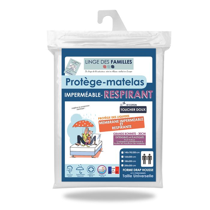 Protège Matelas 180x200 cm - Imperméable et Respirant - Souple et Silencieux - Grands Bonnets 30 cm - Linge des Familles