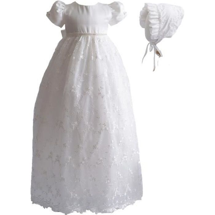 Cinda Robe de bapt me longue en dentelle pour filles avec Bonnet