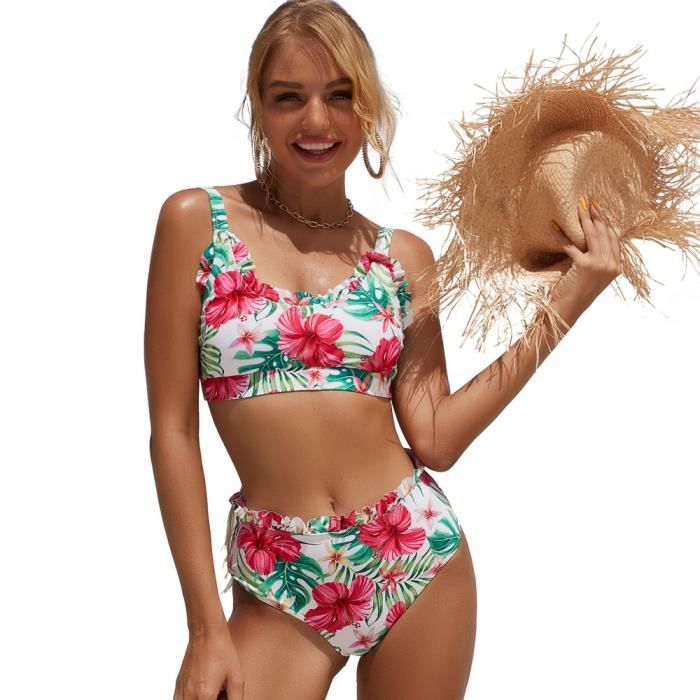 Maillots de Bain Ensemble 2 Pièces Femme Bikini à Laçage Volants Imprimé  Floral M--XXL