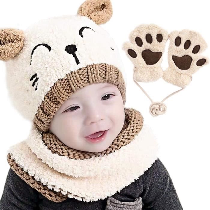 Bonnet bebe Hiver Chapeau Bonnet Echarpe et Gants pour Bebe Enfants Set de 3 Pcs Garcon Fille Bonnet Chaud Tricote Chapeau Beige Comme montre Cdiscount Pret a Porter