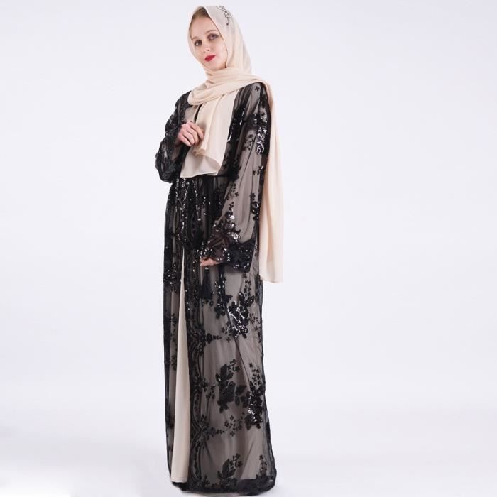 t musulman Kimono dentelle maille broderie Cardigan pour femmes