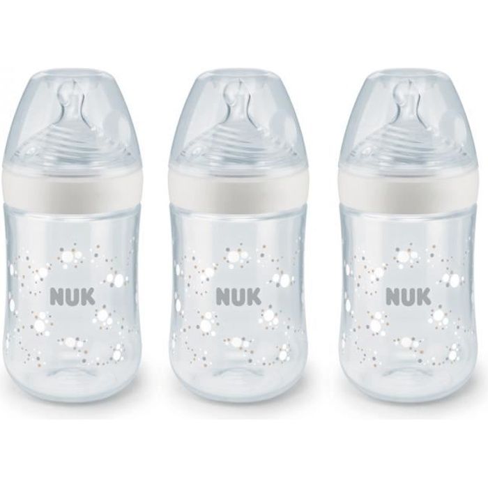 Blanc Sans BPA 260 ml 2 biberons avec indicateur de température NUK Lot de 2 biberons Nature Sense 0–6 mois Donne aux bébés une sensation naturelle Valve anti-colique 