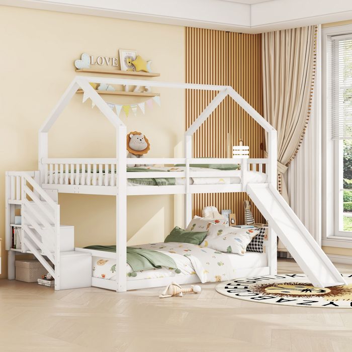 Lit Enfant En Bois De Pin Massif 100x190 Cm - Forme Maison Avec Balustrade De Sécurité - Hauteur Basse, Capacité 120 Kg