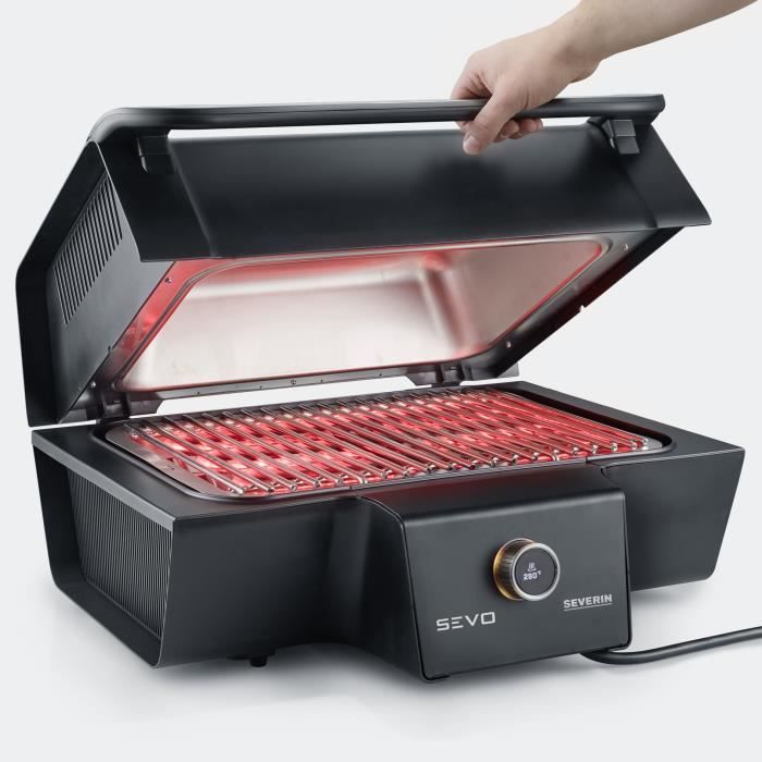 SEVERIN Barbecue de table SEVO GT, 3 000W, 0° à 500°C en 10 min, bac à eau réducteur de fumée et d'odeurs, couvercle, Noir, PG8106