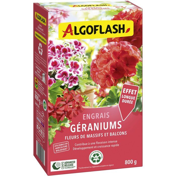 Engrais géraniums ALGOFLASH Géraniums fleurs de massifs & balcons 800 g UAB