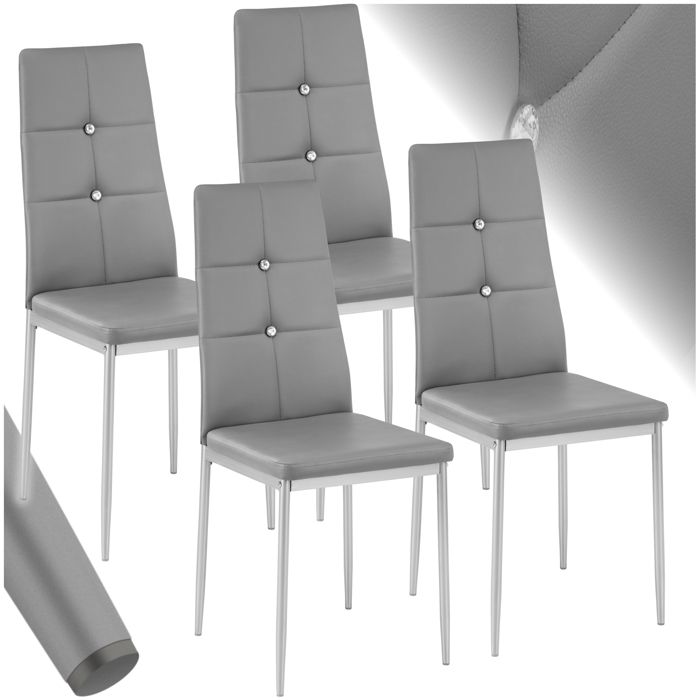 Chaises - TECTAKE - Lot de 4 chaises de salle à manger JULIEN avec strass et revêtement en cuir synthétique 40 x 42 x 97 cm - Gris