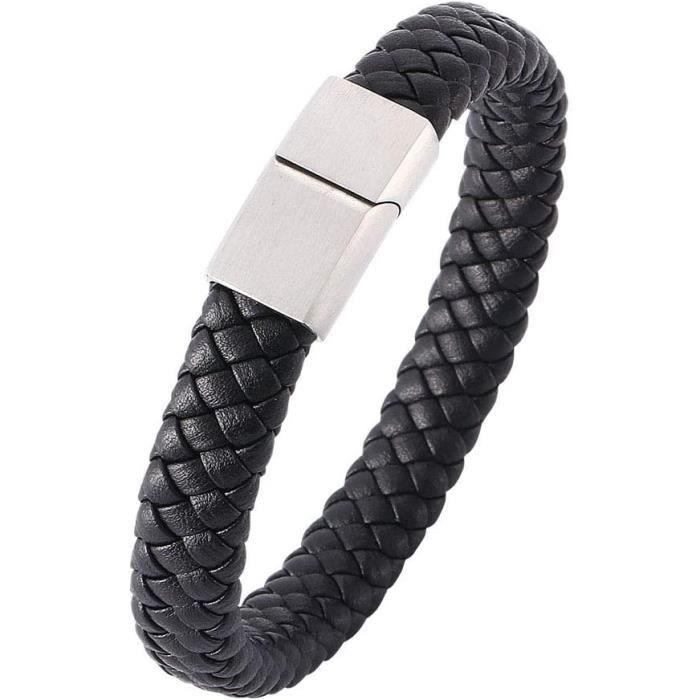 GAY Bracelet en cuir tressé noir tressé à fermeture