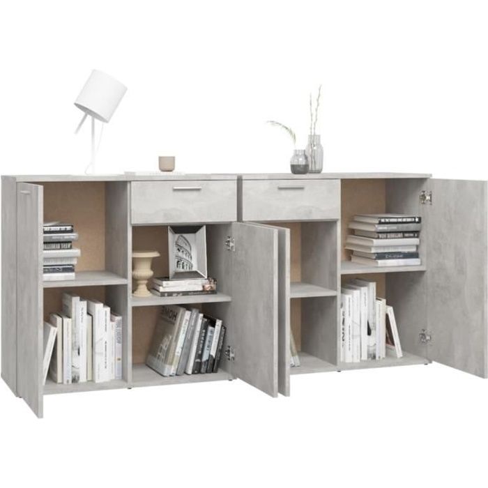 Buffet bas - VINGVO - XID - 4 portes - 2 tiroirs - Gris béton