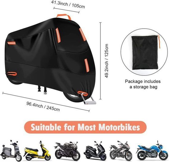 Housse Protection Moto XXL 245x105x125cm Noire - Étanche 210D Oxford Avec Trou De Serrure