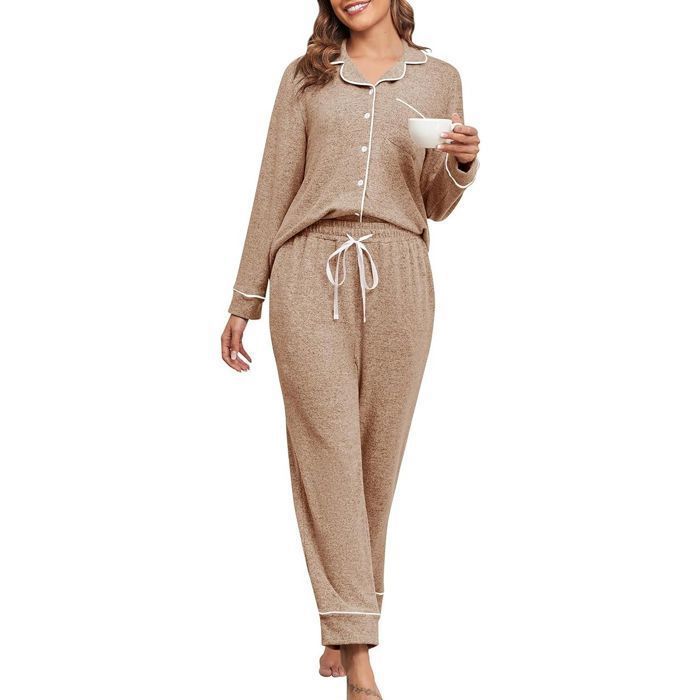 Sleepwear Femme élégant Ekouaer - Pyjama Femme 2 Pièces Coton - Manches Longues Hiver - Taille élastique S-XXL - Confortable Et Doux - Vêtement Nuit Pyjama Taille S-XXL