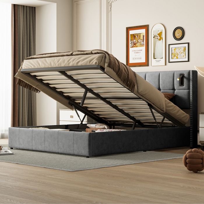 Lit coffre 140x200 cm avec lampe de lecture et fonction de recharge, lit avec espace de rangement et dans la tête de lit, Velours - Maison