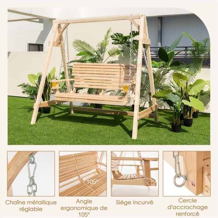 COSTWAY Balancelle de Jardin en Bois de Sapin 2 Places avec Porte gobelets et Accoudoirs 190 x 121 x 184 cm Projet DIY Charge 240KG Cdiscount Jardin