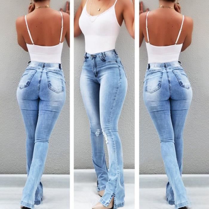 Femme Troue Jeans Leggings Skinny Taille Haute Crayon Pantalon Collants Push Up Denim Pantalons Clair Bleu XS