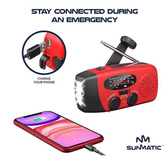 Radio d'Urgence Portable AM/FM/NOAA | Lampe de Poche LED et Résistante