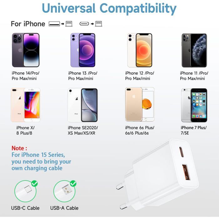 Chargeur Rapide 20W 2 Ports Pour IPhone - Avec Câble Lightning 2 M, USB-C Et USB-A | Compatible IPhone 14 à 6, IPad