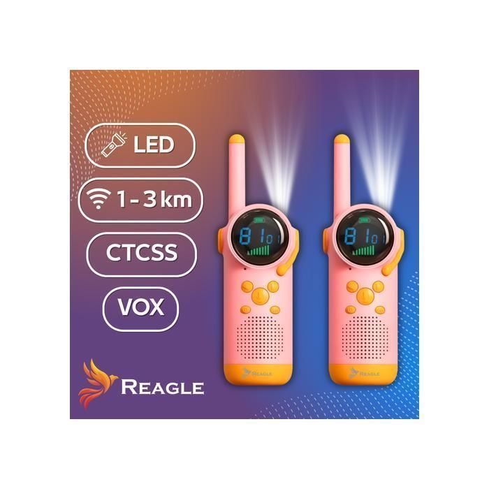 Talkie-walkie Enfants Rechargeable – 16 Canaux, 3 Km, VOX Mains Libres, Lampe LED – Lot De 2 – Dès 3 Ans
