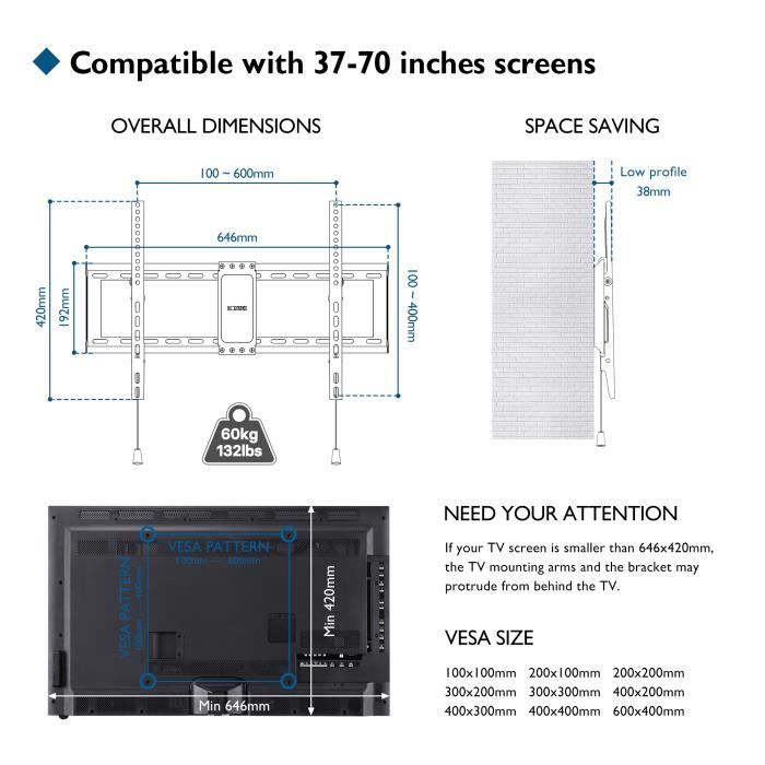 BONTEC Support Mural TV Inclinable pour Téléviseurs LCD LED Plats/Incurvés  de 37 à 82 Pouces Jusqu'à 60 kg, Max VESA 600x400mm - Cdiscount TV Son Photo