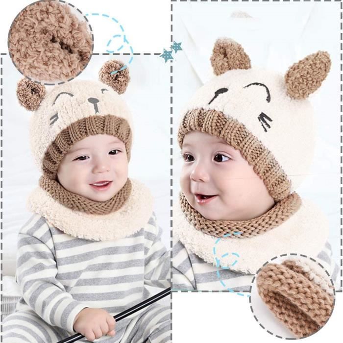 Bonnet bebe Hiver Chapeau Bonnet Echarpe et Gants pour Bebe Enfants Set de 3 Pcs Garcon Fille Bonnet Chaud Tricote Chapeau Beige Comme montre Cdiscount Pret a Porter
