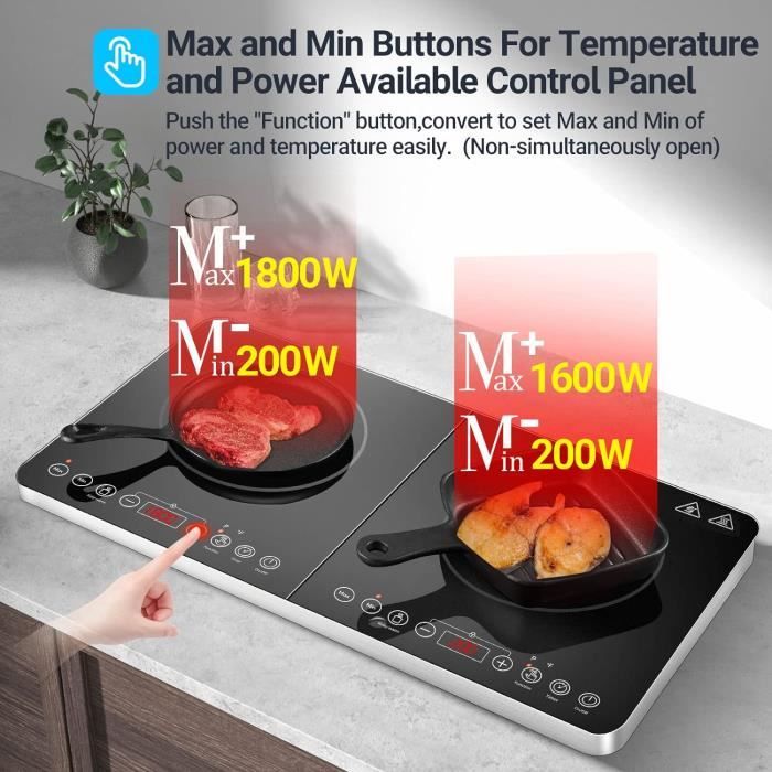 Plaque à Induction Portable 1800 W - 220 V - Puissance Réglable 200-1800 W - Serrure Enfant - Commandes Tactiles LED - Gris