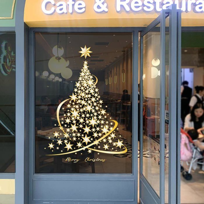 YULOONG Décorations De Noël Pour Fenêtre, Sapin De Noël Doré, Flocon De Neige, Décalcomanies Double Face, Décoration De Fenêtre, Mur, Porte, Autocollants Statiques Réutilisables