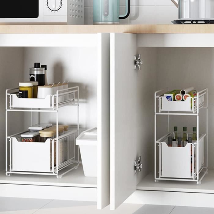 Range-évier KOOSREEL 2 Niveaux - Organisateur Coulissant Blanc - Pour Cuisine Ou Salle De Bain