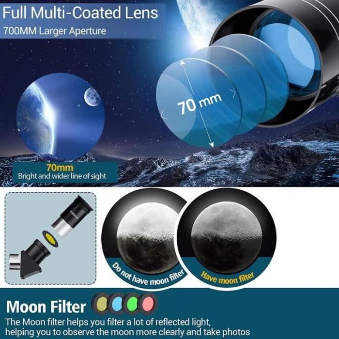 Télescope Enfant 60mm Avec 40 Activités - Tube Métal, 3 Oculaires, Trépied Aluminium, Pour Observer Lune Et Planètes (Dès 8 Ans)