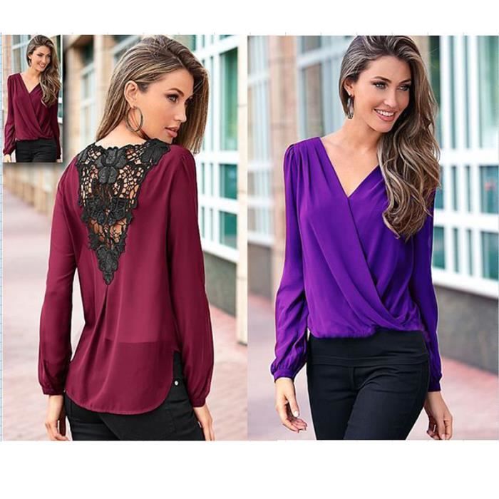 T shirt femme LEOCLOTHO Dentelle Epissage Manches longues Couleur unie