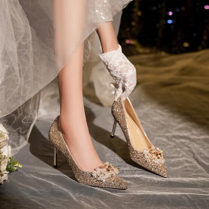 Escarpins de mariage en cristal à bout pointu et strass, talons hauts pour  femmes Jaune Hauteur du talon 8cm