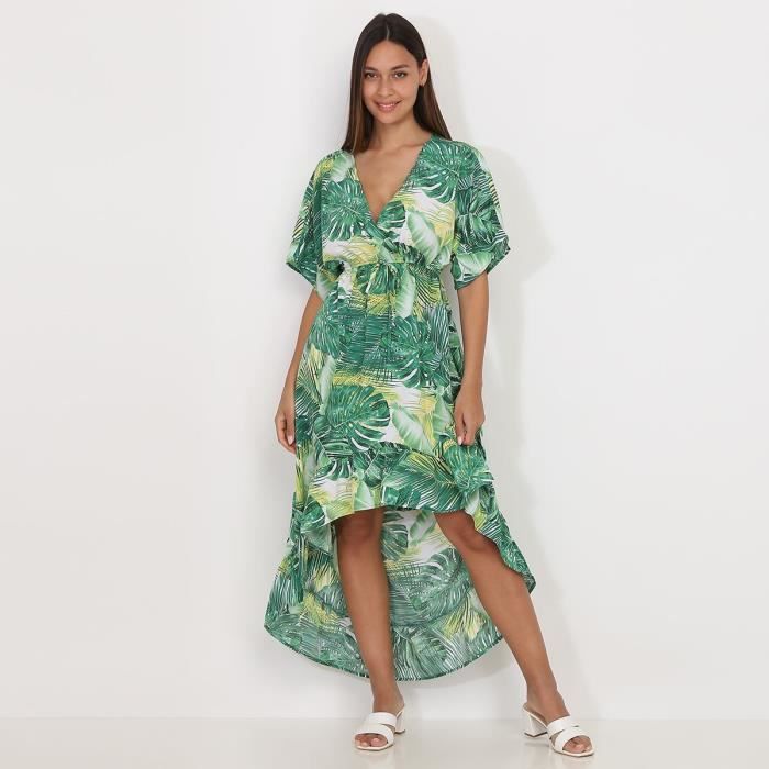 Robe longue asym trique verte imprim tropical Blanc Cdiscount