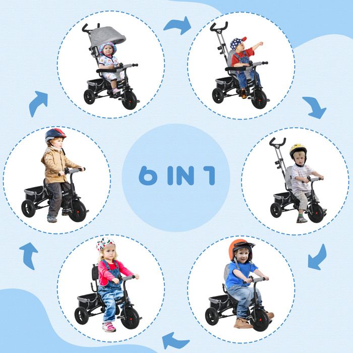 Tricycle évolutif 4 En 1 Enfant – De 9 Mois à 5 Ans – Siège Rotatif, Pare-soleil, Canne Amovible, Pneus Increvables – Vert - 7
