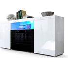 Vladon Buffet Armoire Santiago en Blanc haute brillance - Façades en Blanc et Noir haute brillance avec l'éclairage LED