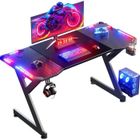 HLONONE LED Bureau Gaming 140 x 60 cm, avec Porte-gobelet et Crochet pour Casque, Table Gaming Noire